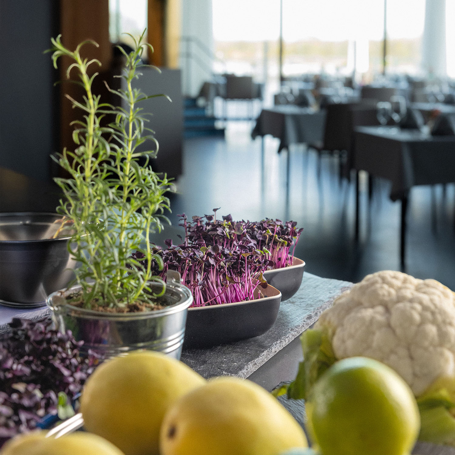 Frische Kräuter und Gemüse auf dem Tresen, Gastraum unscharf im Hintergrund